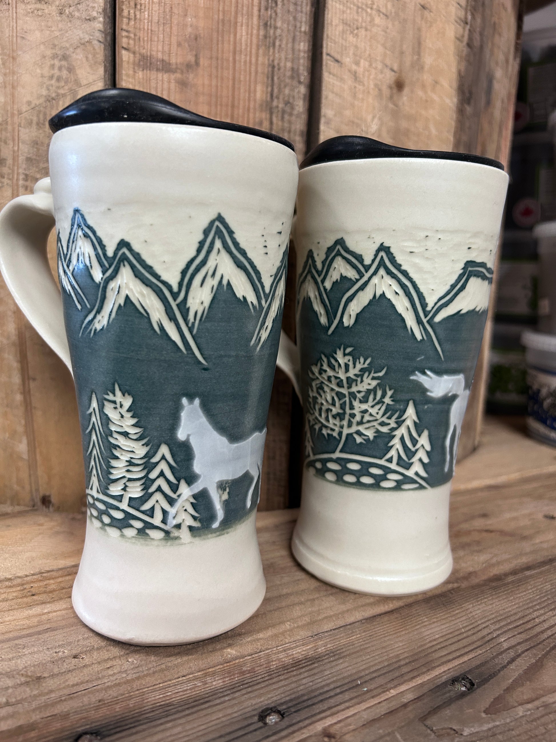 Muddy Duck Pottery Horse Mugs with Lids-Mugs-Muddy Duck Pottery-White and Green-Evolution Equestrian Co.