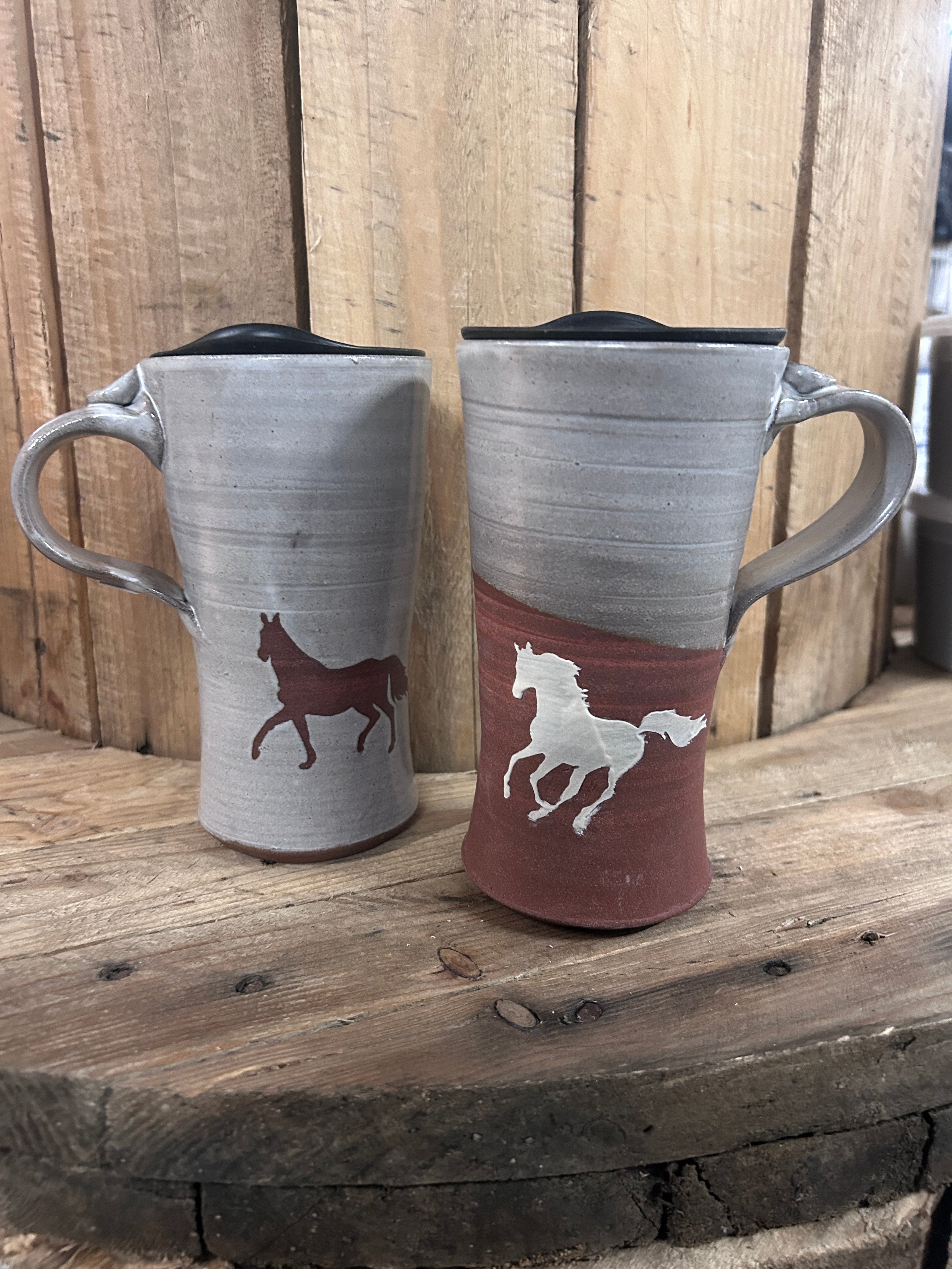 Muddy Duck Pottery Horse Mugs with Lids-Mugs-Muddy Duck Pottery-Red Horse-Evolution Equestrian Co.