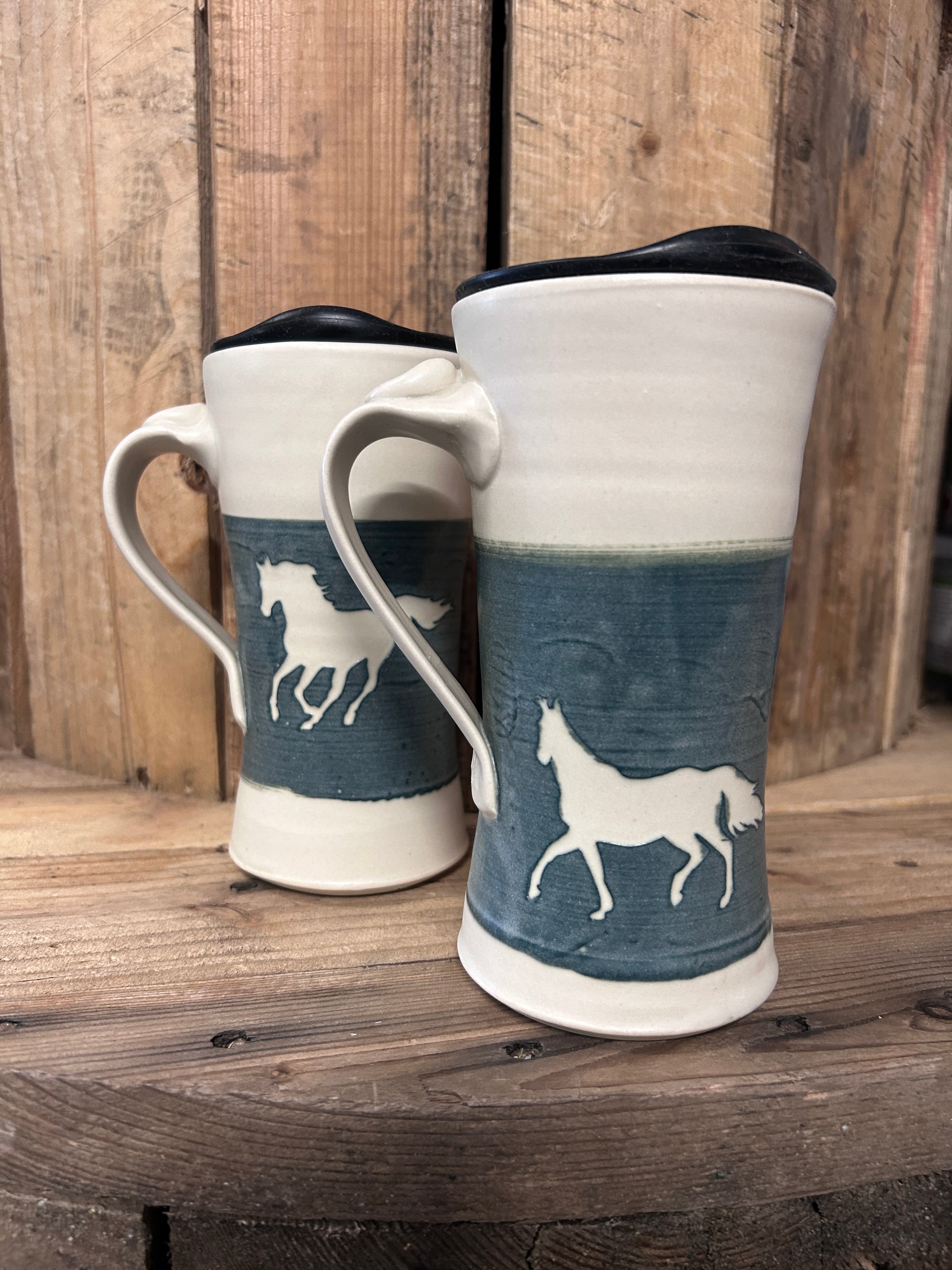 Muddy Duck Pottery Horse Mugs with Lids-Mugs-Muddy Duck Pottery-White and Green-Evolution Equestrian Co.