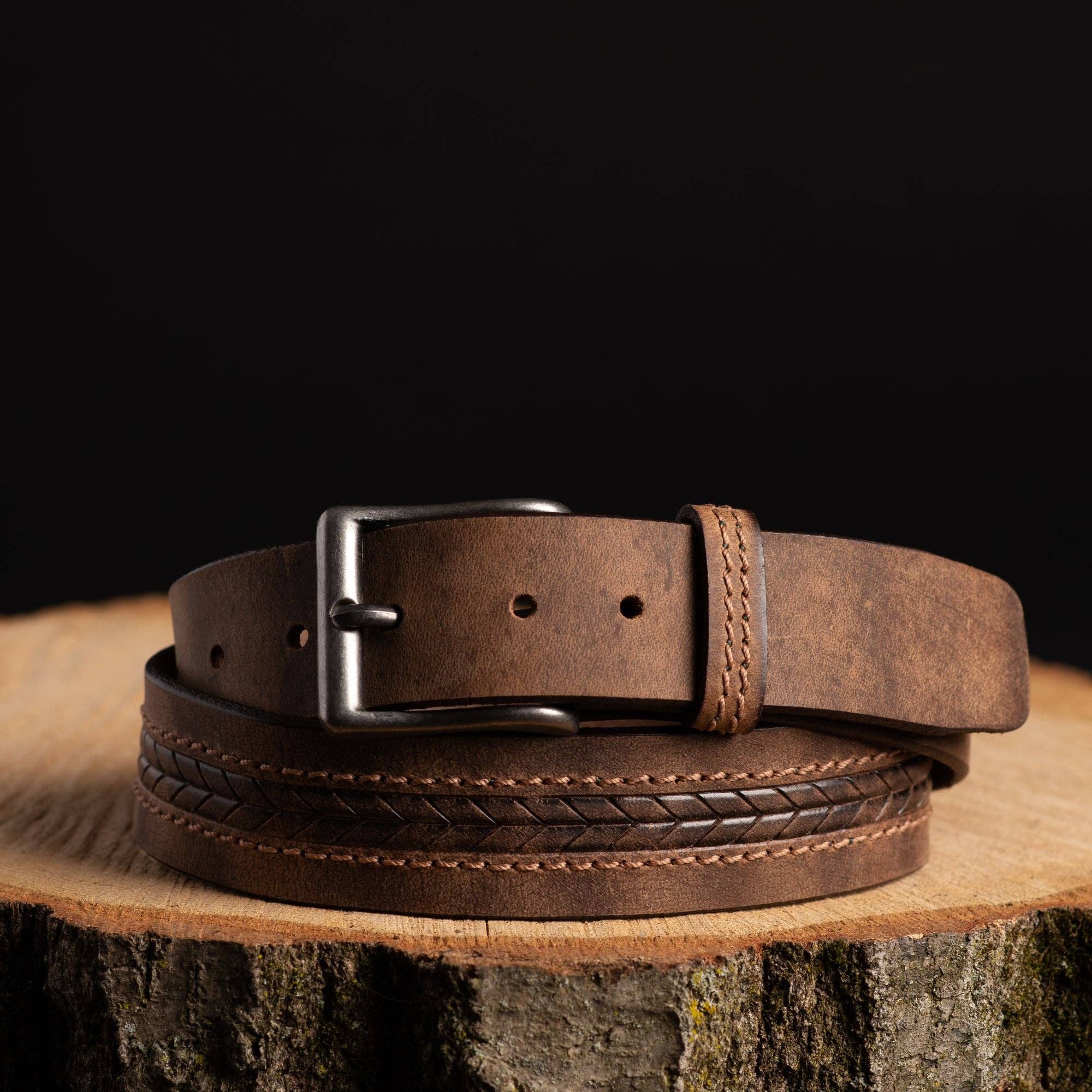 NAB LEATHER - Brown Arrow Patterned 100% Real Distressed Leather Belt: Brown / 46-NAB LEATHER-Evolution Equestrian Co.