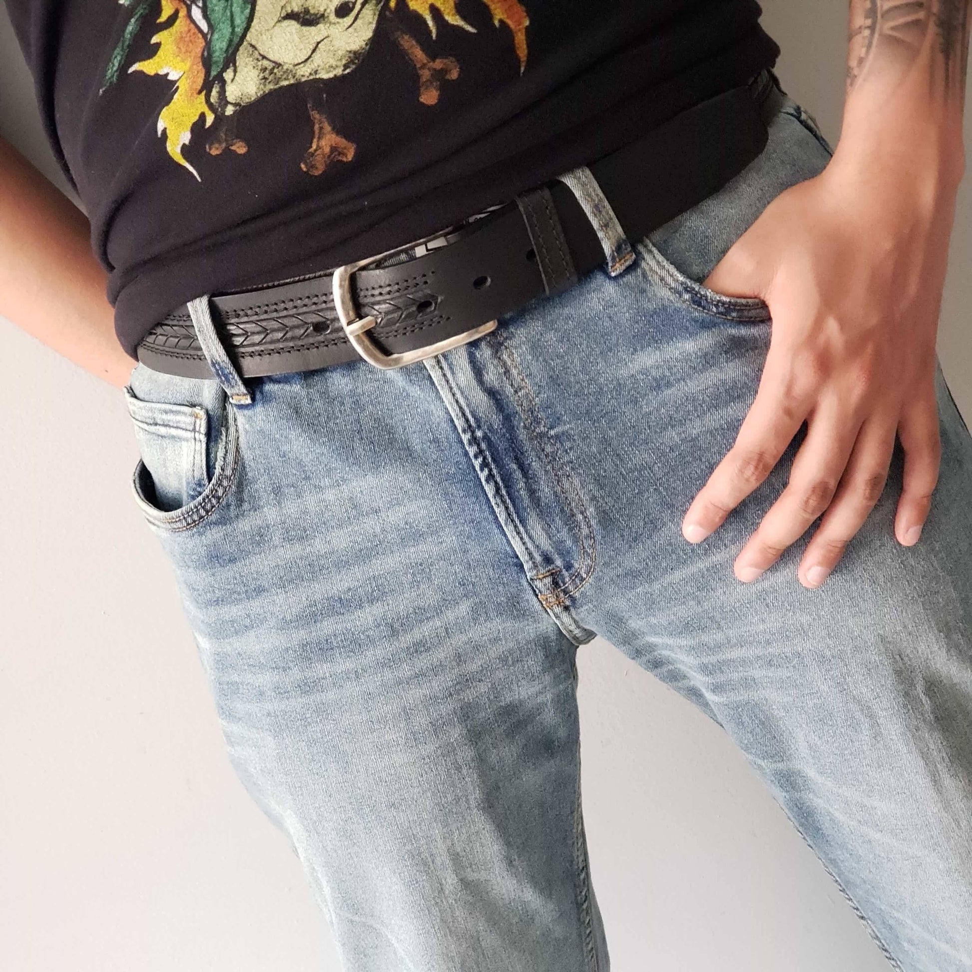 NAB LEATHER - Brown Arrow Patterned 100% Real Distressed Leather Belt: Brown / 46-NAB LEATHER-Evolution Equestrian Co.