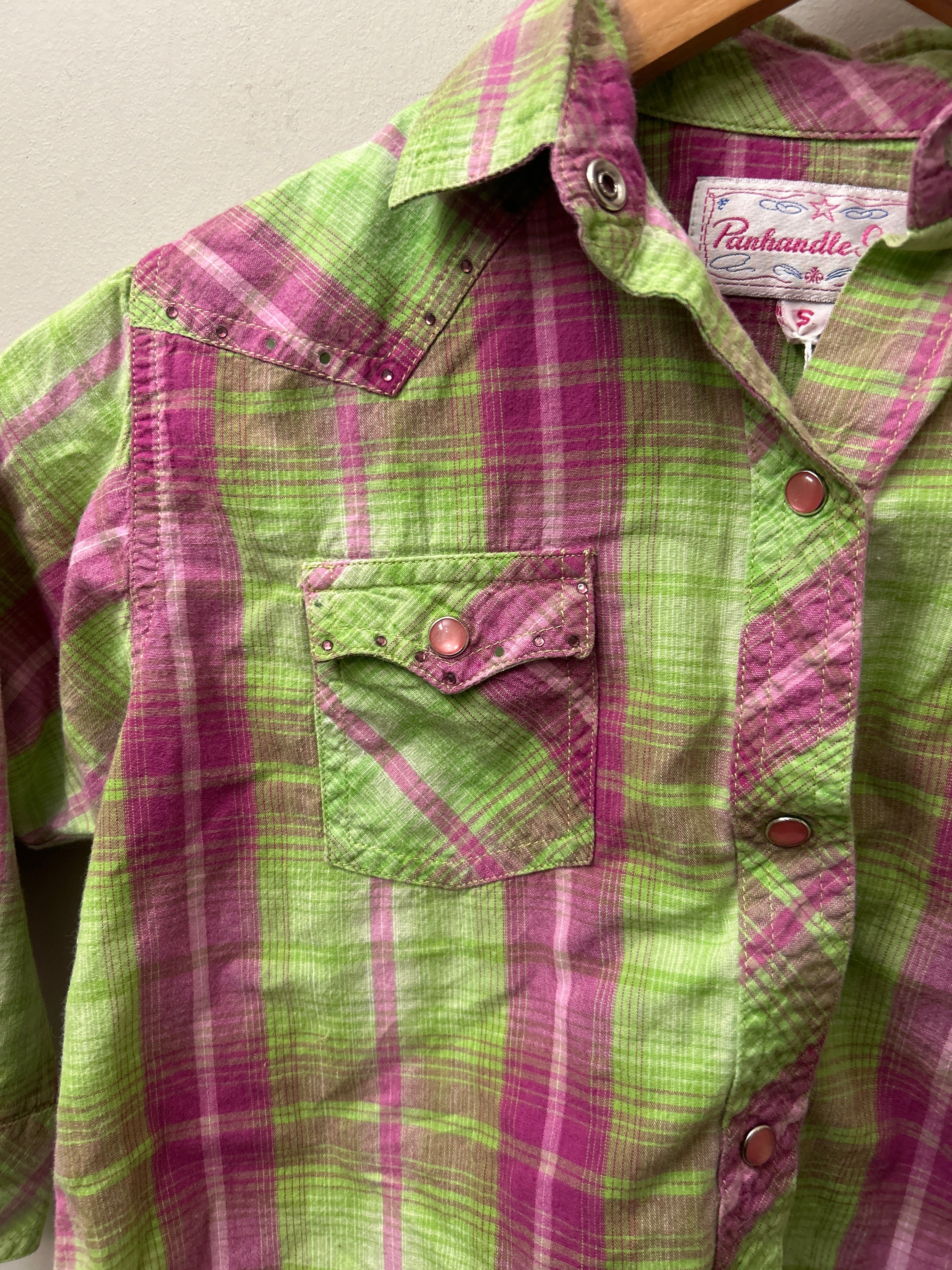 Panhandle Slim Kid's Green and Pink Shirt Small-Western Shirt-Consignment-Evolution Equestrian Co.