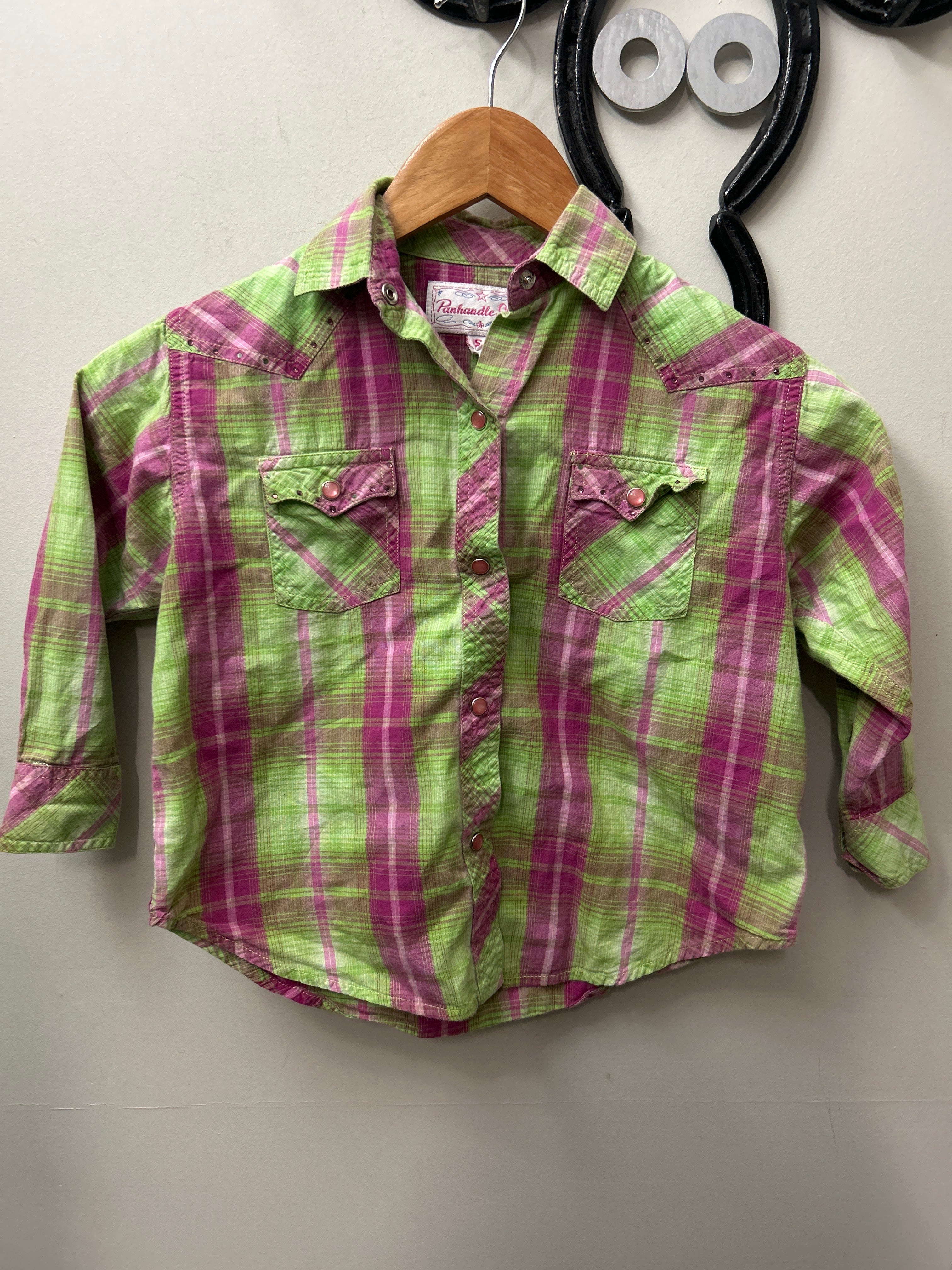 Panhandle Slim Kid's Green and Pink Shirt Small-Western Shirt-Consignment-Evolution Equestrian Co.