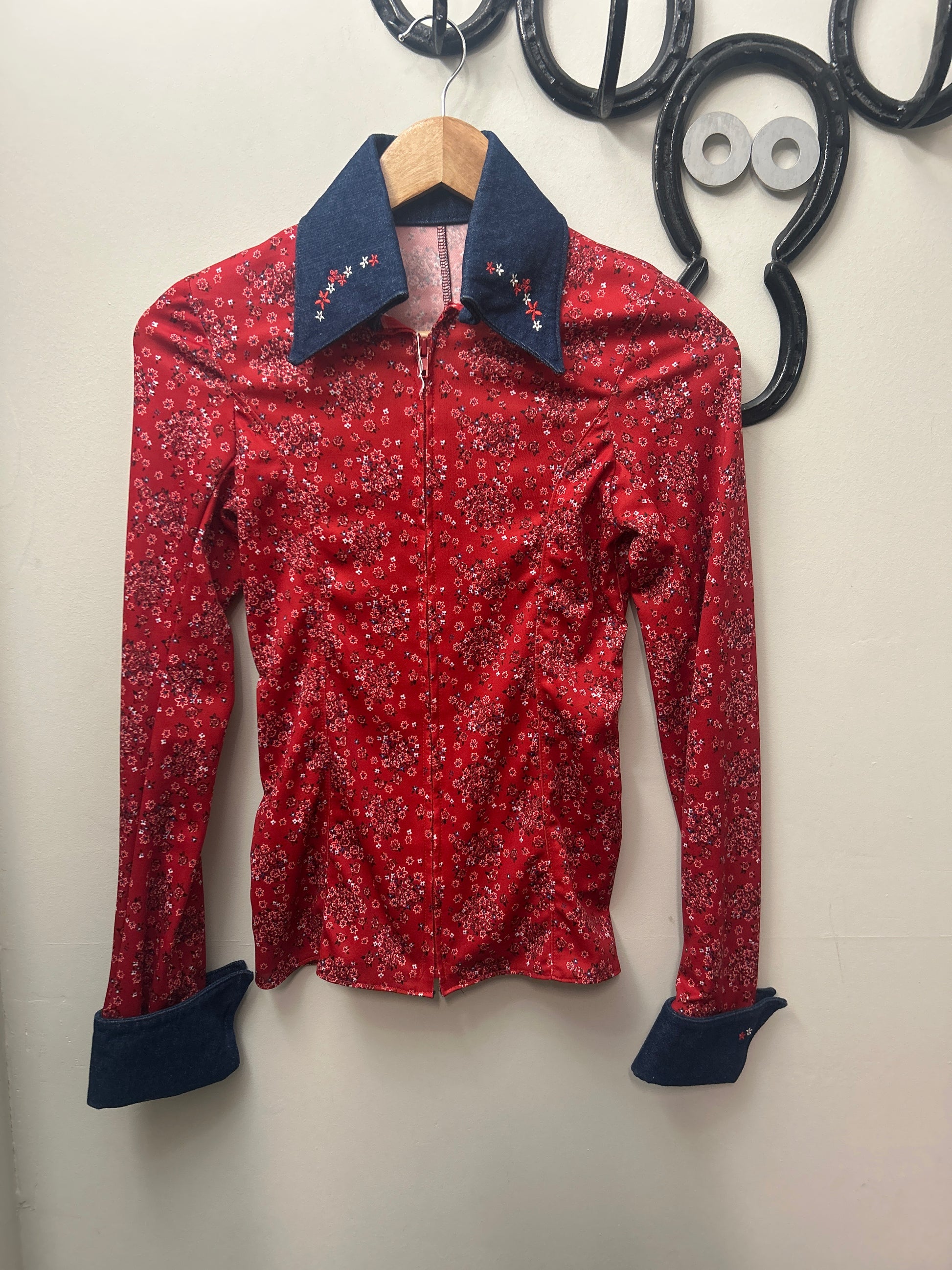 Red Floral and Demin Western Shirt Ladies Small-Riding Shirts-Consignment-Evolution Equestrian Co.