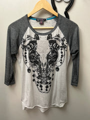 Rock & Roll Cowgirl Shirt Grey with Skull Medium-Western Shirt-Consignment-Evolution Equestrian Co.
