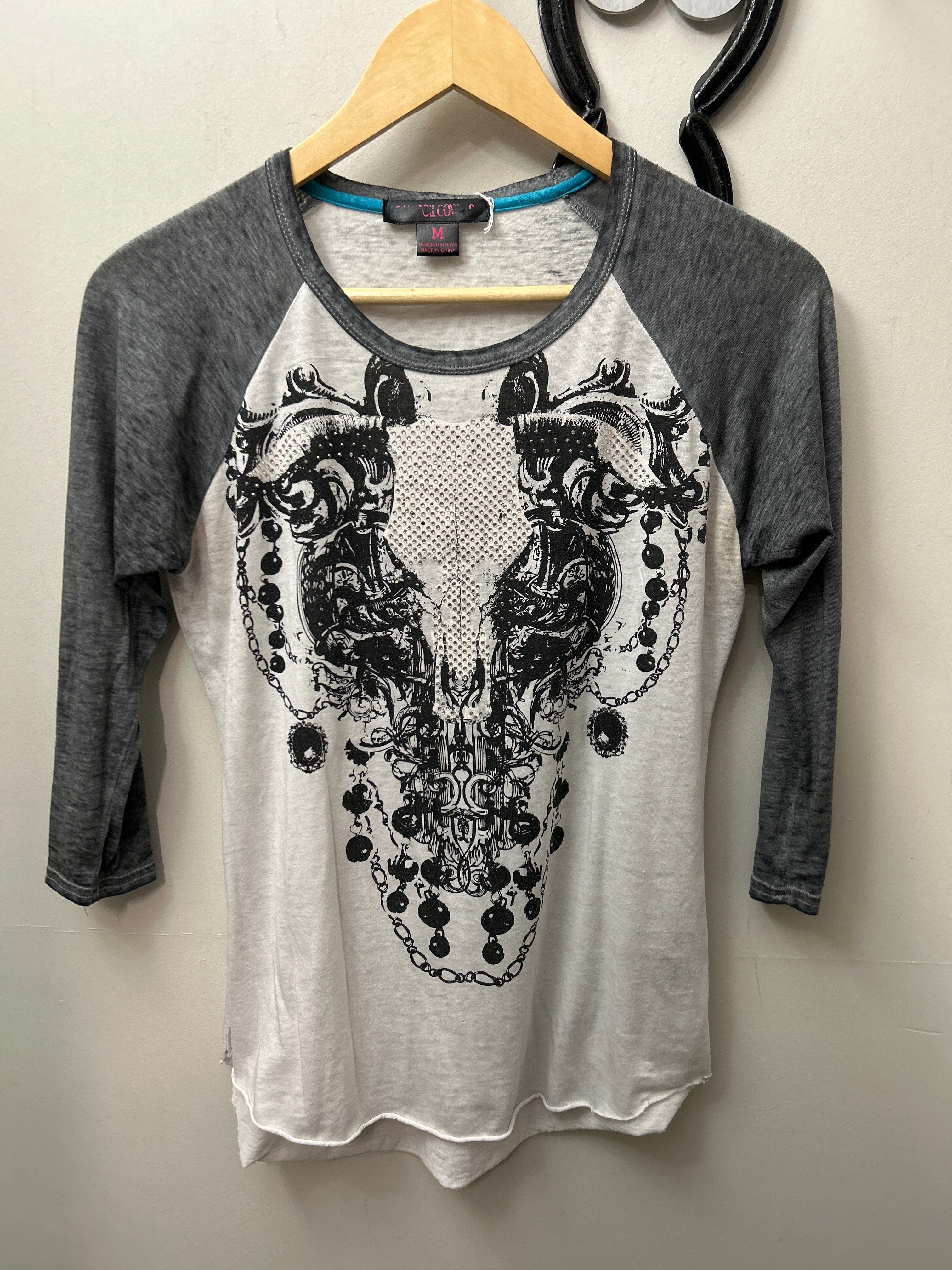 Rock & Roll Cowgirl Shirt Grey with Skull Medium-Western Shirt-Consignment-Evolution Equestrian Co.