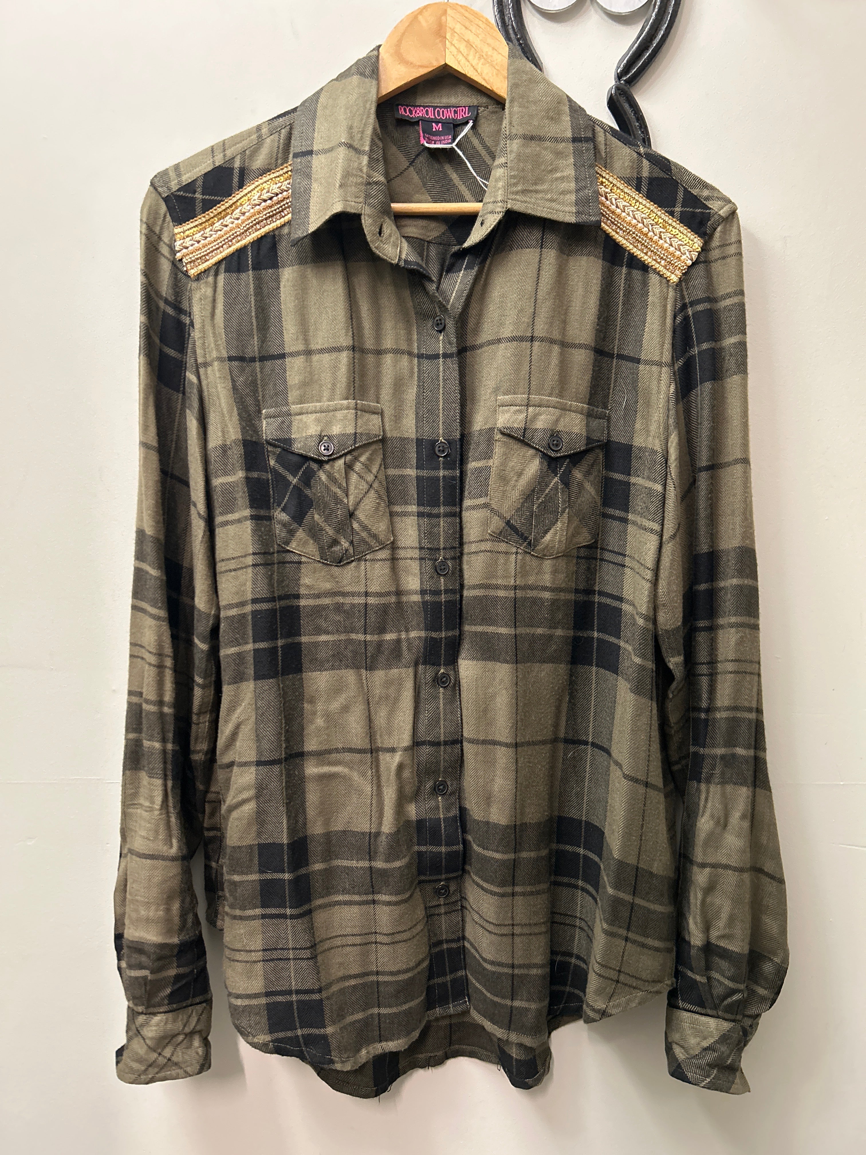 Rock and Roll Cowgirl Army Green Plaid Shirt Medium-Riding Shirts-Consignment-Evolution Equestrian Co.