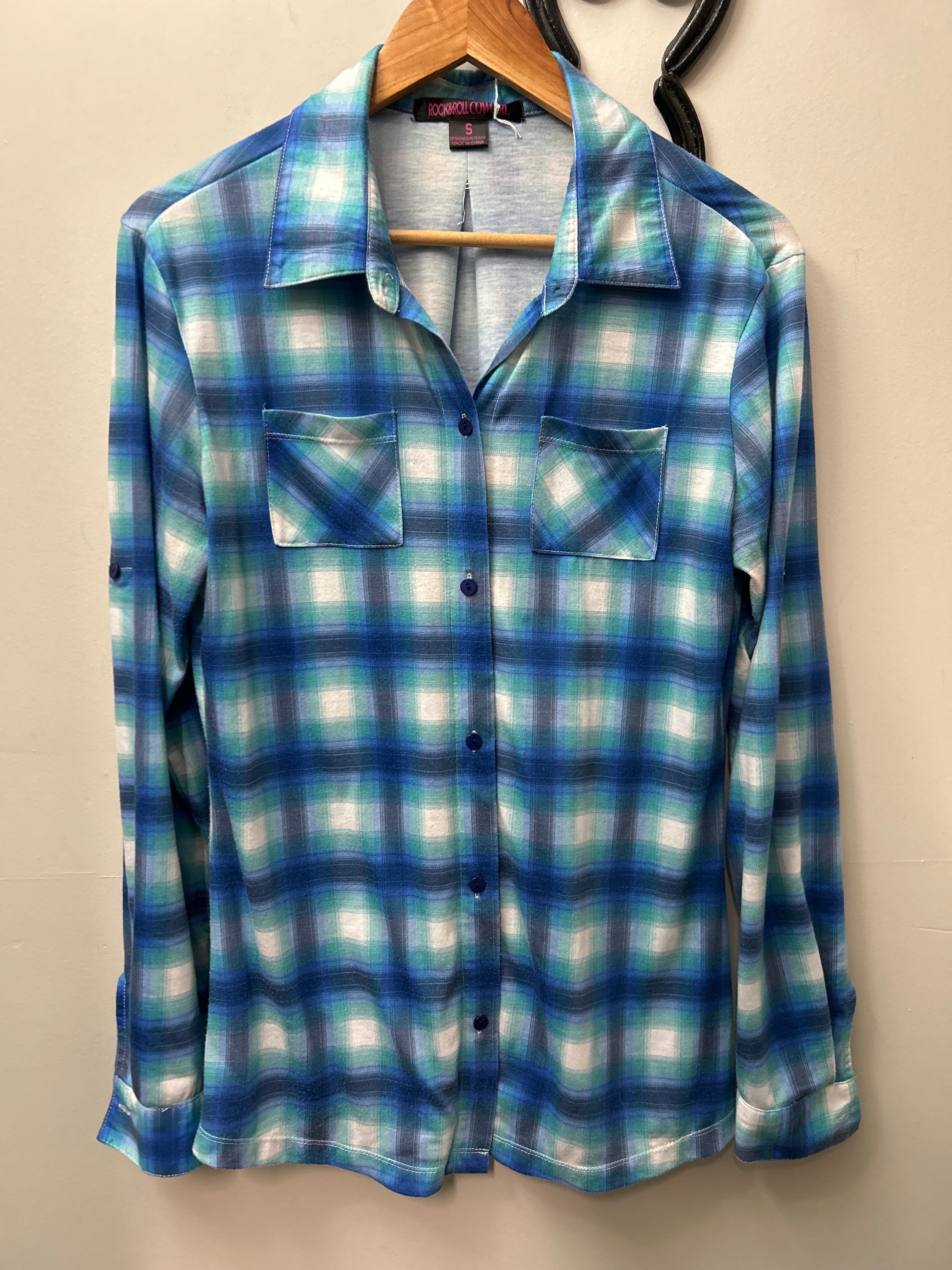 Rock and Roll Cowgirl Blue Plaid Shirt Small-Riding Shirts-Consignment-Evolution Equestrian Co.