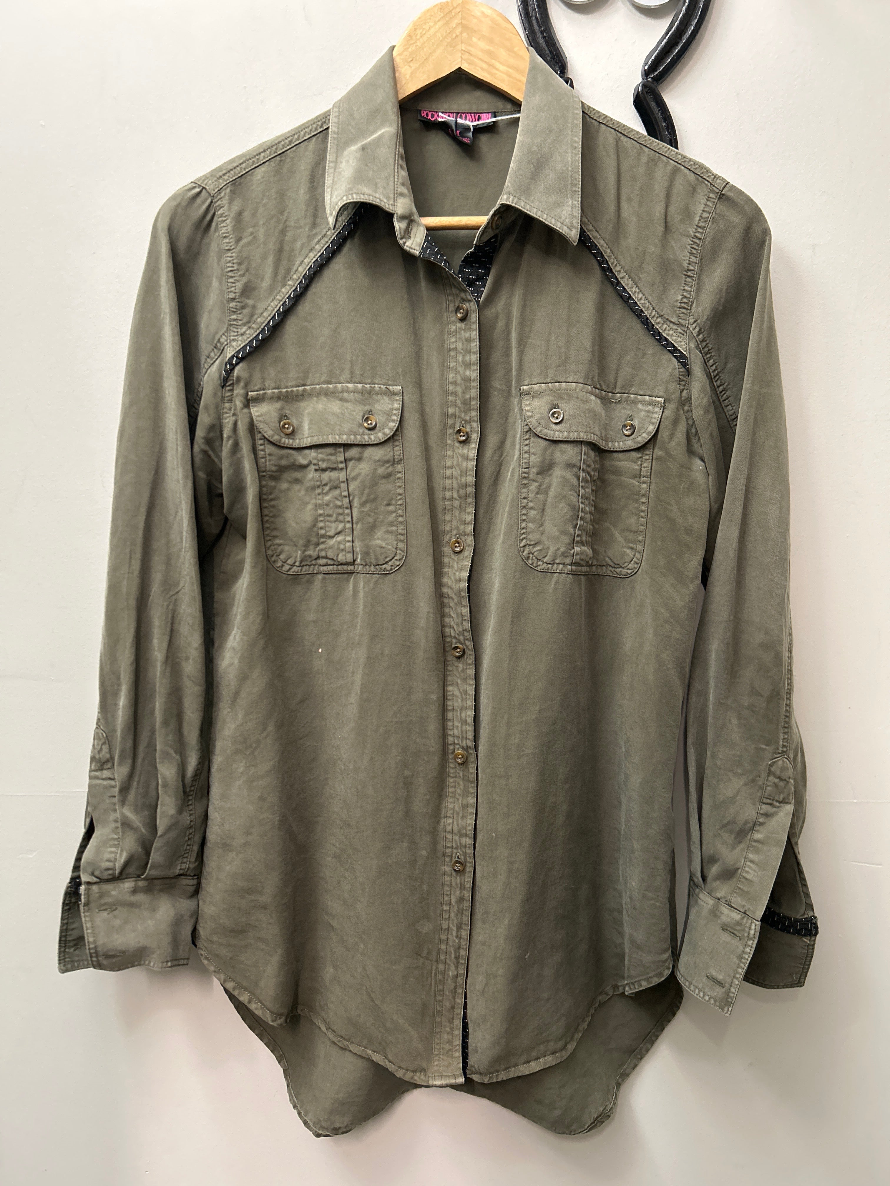 Rock and Roll Cowgirl Green Western Shirt Medium-Riding Shirts-Consignment-Evolution Equestrian Co.