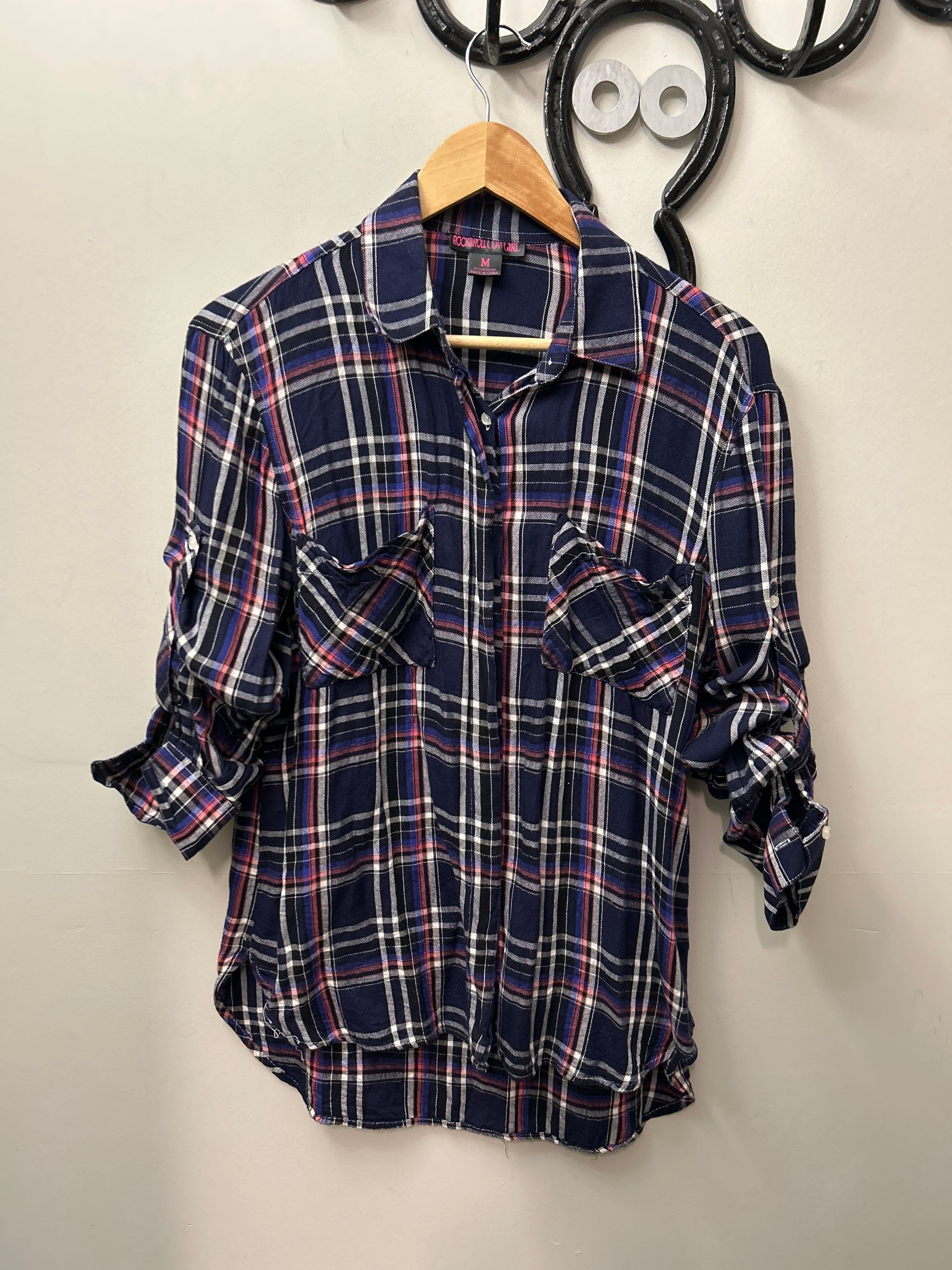 Rock and Roll Cowgirl Purple Plaid Shirt Medium-Riding Shirts-Consignment-Evolution Equestrian Co.