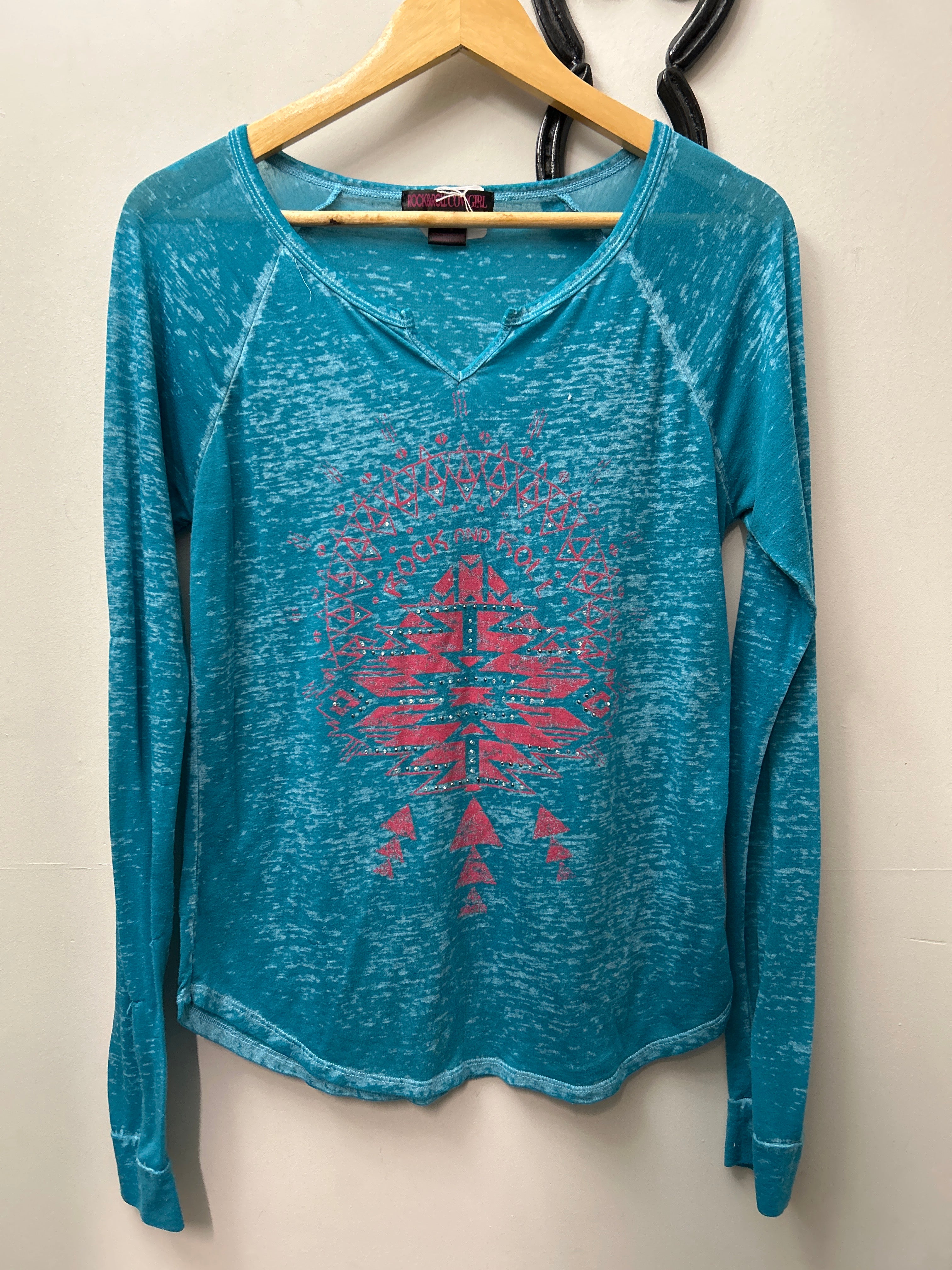 Rock and Roll Cowgirl Turquoise Shirt Medium-Riding Shirts-Consignment-Evolution Equestrian Co.