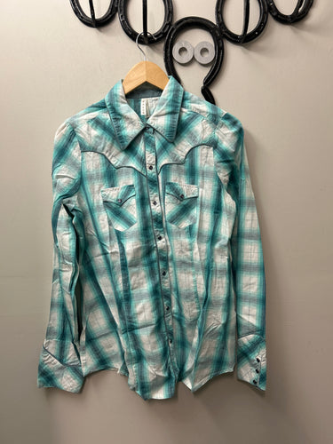 Roper Turquoise Long Sleeve Western Shirt Large-Western Shirt-Consignment-Evolution Equestrian Co.