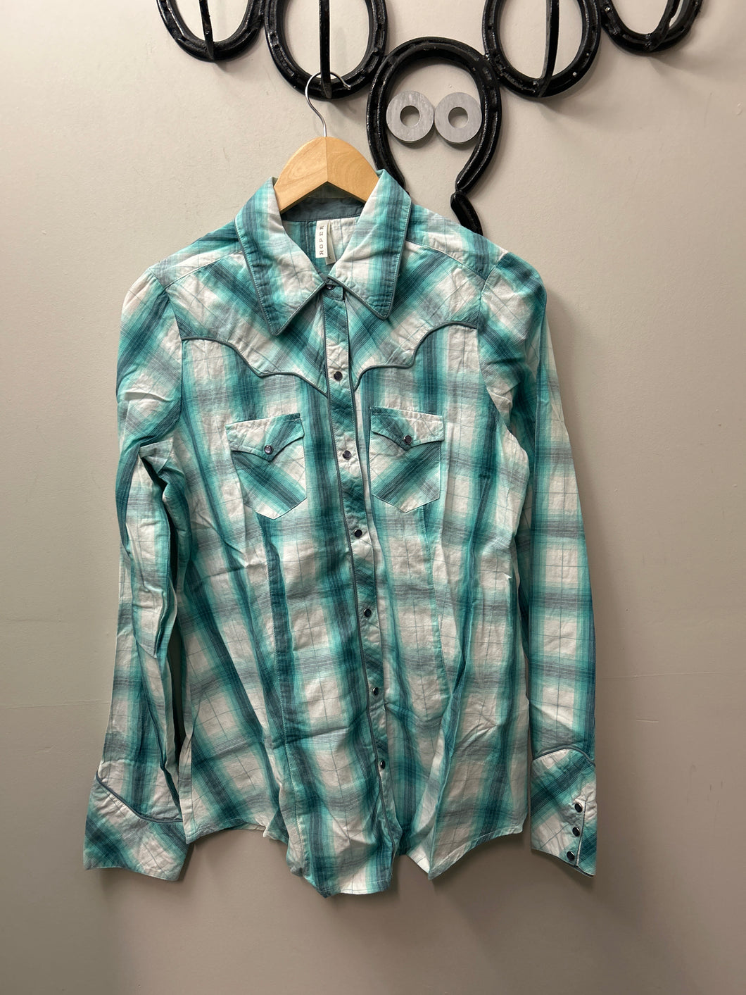 Roper Turquoise Long Sleeve Western Shirt Large-Western Shirt-Consignment-Evolution Equestrian Co.