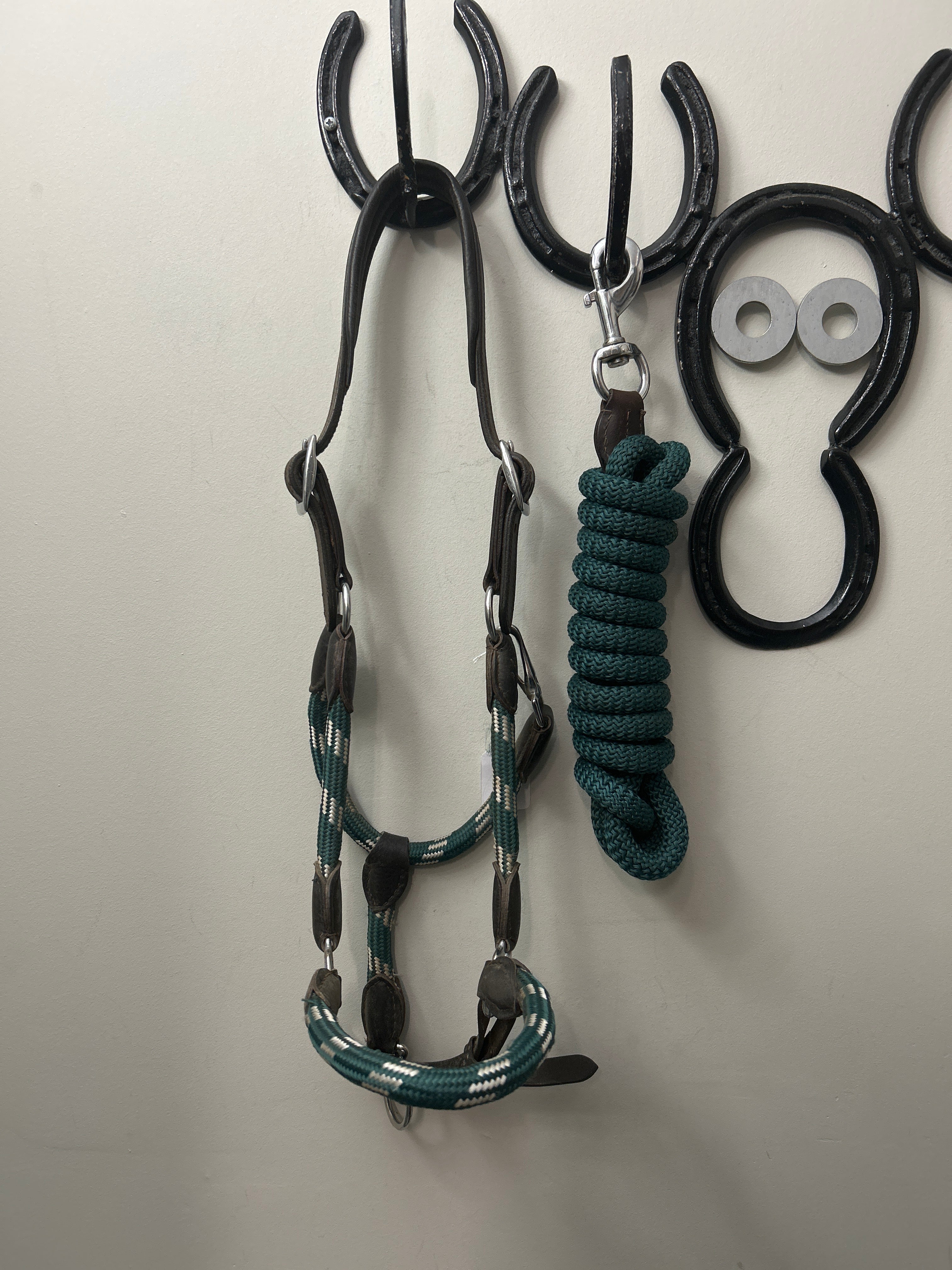 Shedrow Rope and Leather Halter with Lead Green Cob-Horse Halters-Consignment-Evolution Equestrian Co.