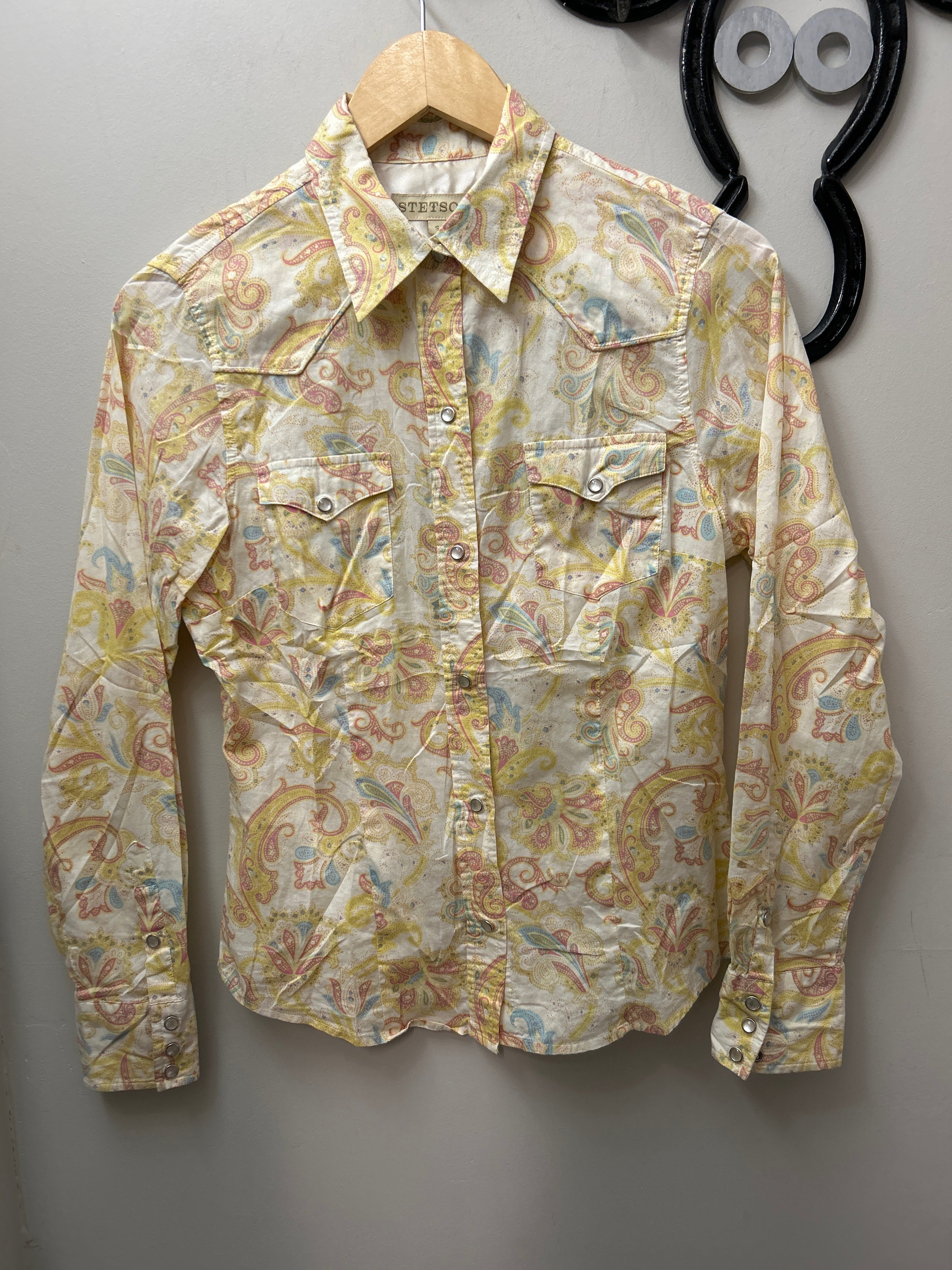 Stetson Western Shirt Yellow Paisley Small-Apparel-Consignment-Evolution Equestrian Co.