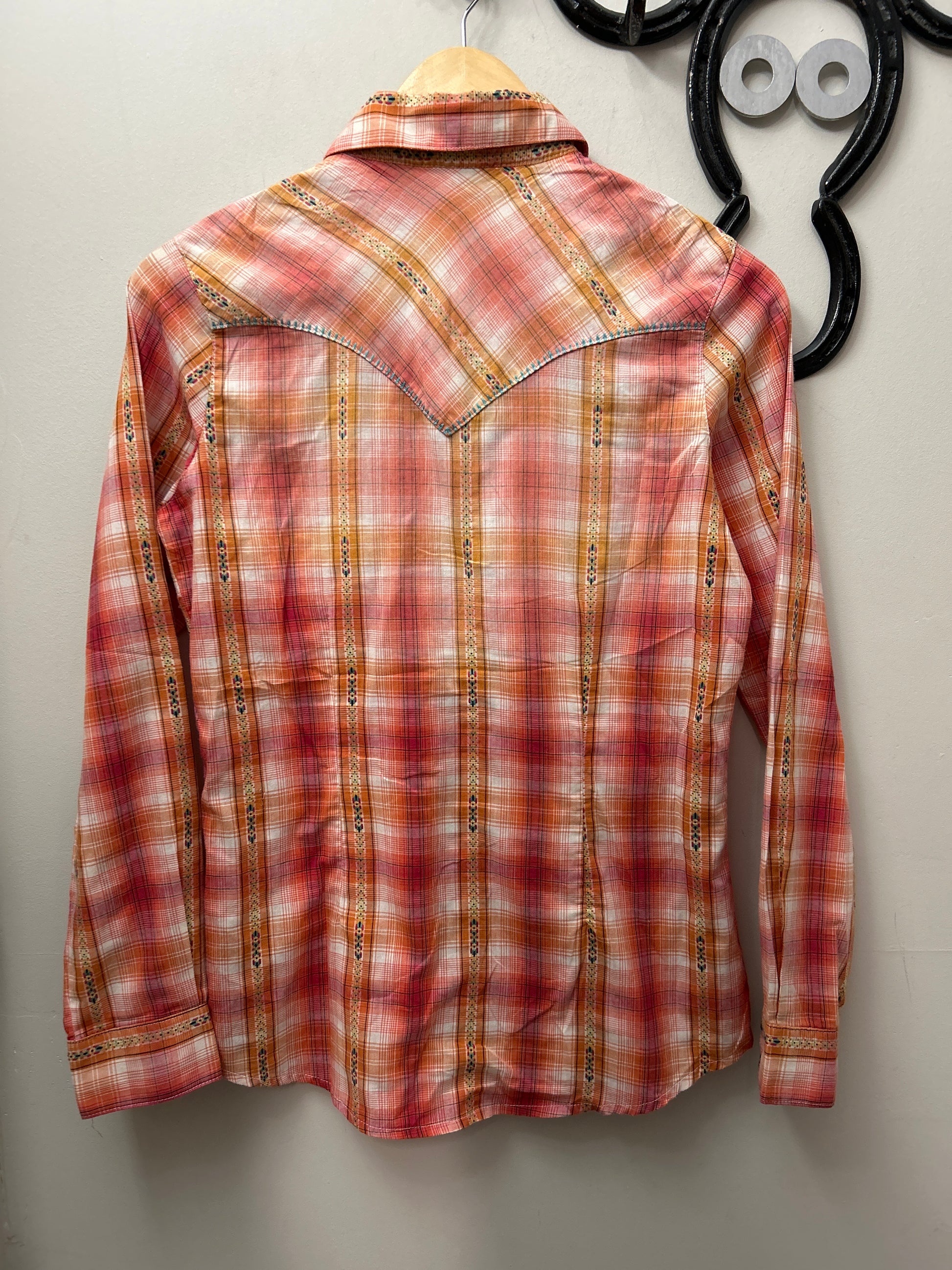 Wrangler Western Shirt Orange and Red Plaid XS-Apparel-Consignment-Evolution Equestrian Co.