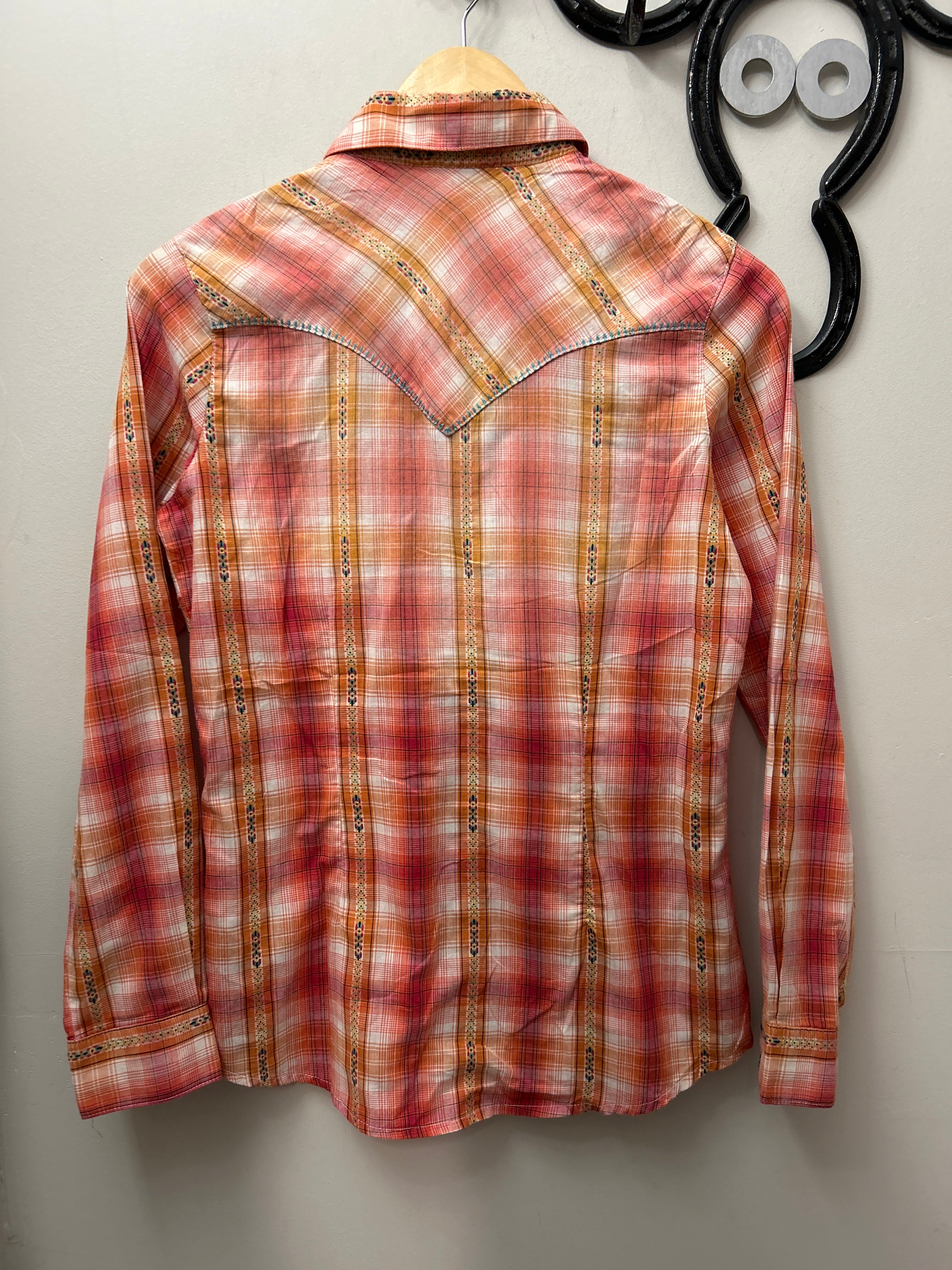 Wrangler Western Shirt Orange and Red Plaid XS-Apparel-Consignment-Evolution Equestrian Co.