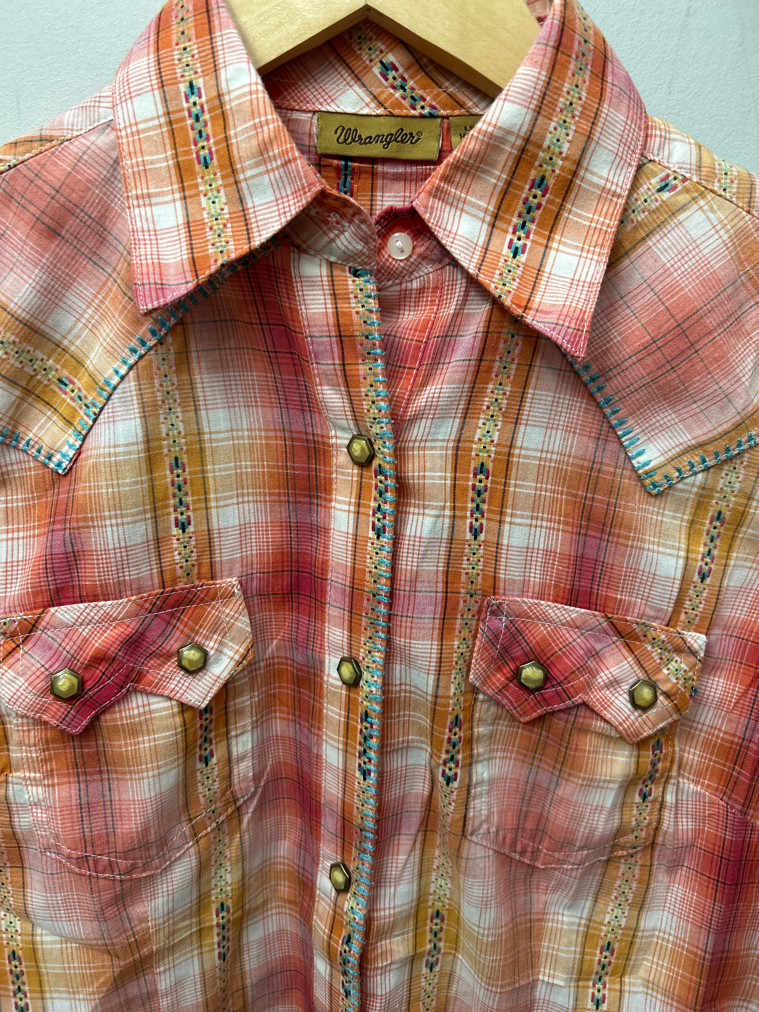 Wrangler Western Shirt Orange and Red Plaid XS-Apparel-Consignment-Evolution Equestrian Co.