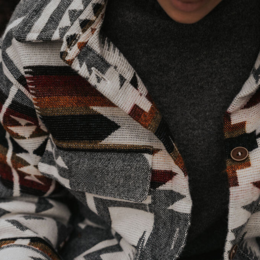 Close-up of a patterned jacket with geometric design