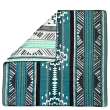 Load image into Gallery viewer, Teal and black patterned blanket with geometric design
