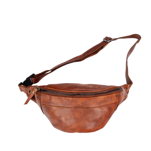 Front view of Greenwood Leather Lina Women’s Belt Bag in camel – full-grain washed leather with zipper closure