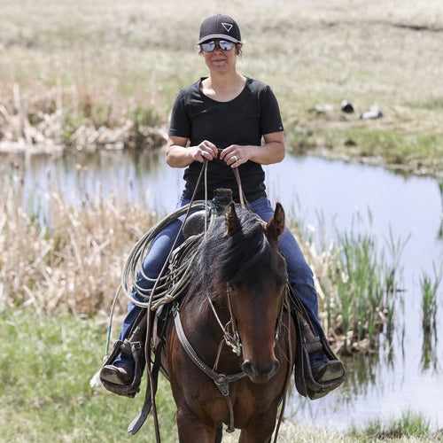 Person riding a horse by a body of water