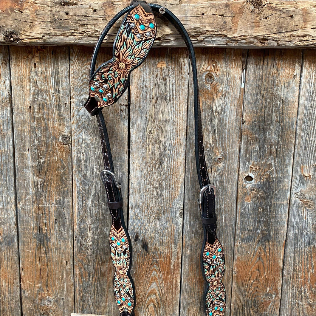 Rodeo Drive - Two Tone Hand Painted Floral - Turquoise One Ear Headstall